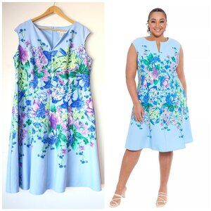 London Time Floral Midi Dress Size 14W/1X Sleeveless Split neck Festive Party